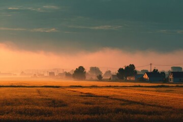 Fototapeta premium Misty Sunrise Over Rural Village Fields
