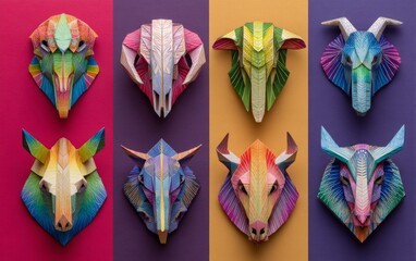 Obraz premium Colorful Origami Animal Heads on Varied Backgrounds