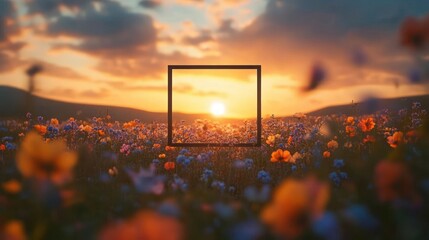 sunset or sunrise over a vibrant wildflower field with a central focus square highlighting the glowing sun and soft, colorful flowers under a partly cloudy sky