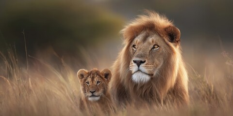 Fototapeta premium Majestic lion and cub resting in golden grass during sunset in African savanna