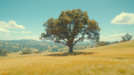 Fototapeta premium Golden field, lone oak, vast landscape