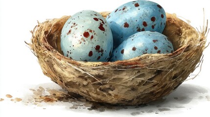 Obraz premium Blue Spotted Bird Eggs in a Rustic Nest