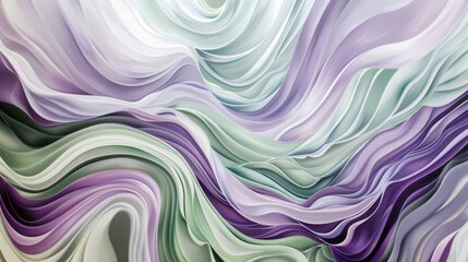 A mesmerizing illusion of layered, ribbon-like corporate lines in soft hues of purple, green, and white, moving gracefully over a modern, neutral backdrop, evoking fluidity and transformation 