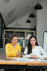 Two professional business executives working on laptop computer sitting at office desk, happy colleagues discussing company digital strategy.
