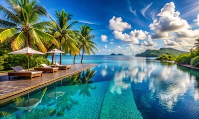 Luxury resort infinity pool overlooking tropical island, leisure travel.	