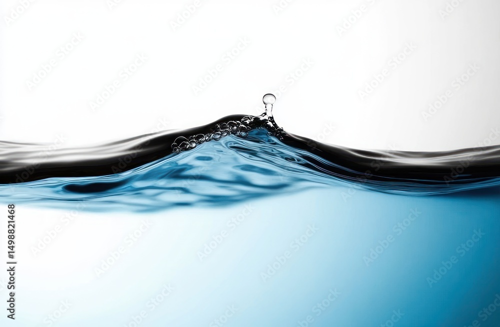 Aufkleber close-up view of a dynamic water surface with small bubbles and a single droplet rising against a br