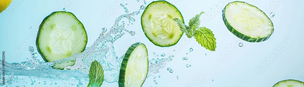 Poster fresh cucumber slices splashing in water with mint leaves and lemon citrus on a light blue backgroun