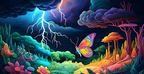 Digital painting showing the process of lightning formation: a dark storm cloud in the sky with glowing electric charges in front of a colorful butterfly and the fresh garden in quilling paper style.