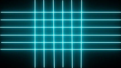 Horizontal neon line from right to left on black screen. Abstract glowing neon lights blinking lines 