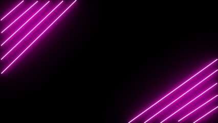 Horizontal neon line from right to left on black screen. Abstract glowing neon lights blinking lines 