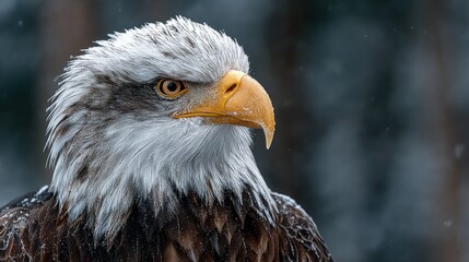 Fototapeta premium Majestic Bald Eagle Portrait with Intense Gaze Amidst a Snowy Ambiance