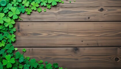 St Patricks Day Banner with Handmade Paper Button Shamrocks on Rustic Wood Background Top View with Copy Space