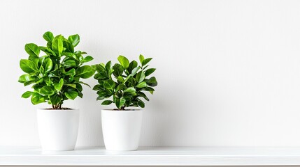 Fototapeta premium Two Potted Green Plants on White Shelf Against Minimalist Background