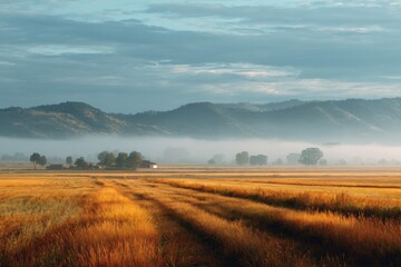 Obraz premium Misty Sunrise Over Golden Fields and Distant Mountains