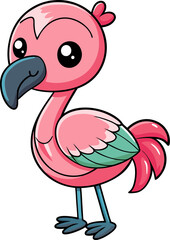 Pink flamingo cartoon in kawaii style with heart eyes and dancing posture