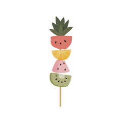Delicious Fruit Skewer: An appetizing fruit skewer, showcasing the colorful arrangement of pineapple, watermelon, orange, and kiwi, promising a burst of freshness and a taste of paradise.