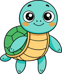 Colorful sea turtle cartoon with smiling face in playful childrens art style