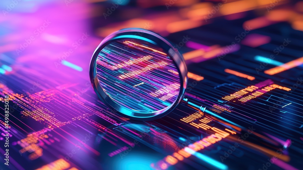 Poster abstract digital background with magnifying glass highlighting data streams in vibrant neon colors
