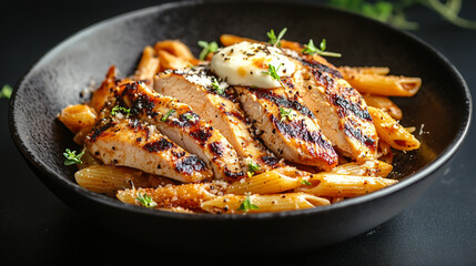 Grilled chicken with penne pasta and mozzarella cheese, food photography, dark background