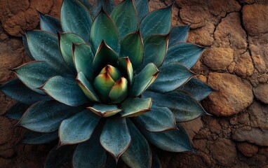 Blue Green Succulent on Cracked Brown Earth