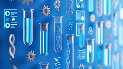 Futuristic scientific illustration of test tubes with dna strand elements on a blue background