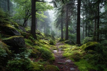 Obraz premium Misty Forest Path: Green Mossy Rocks and Trees