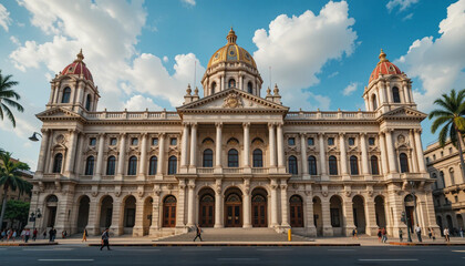 Obraz premium Historic Building Facade with Blue Sky and Palm Trees in Havana