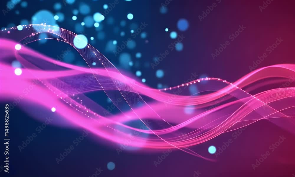 Poster abstract background with pink and blue glowing lines and bokeh lights. abstract wave moving on a dar