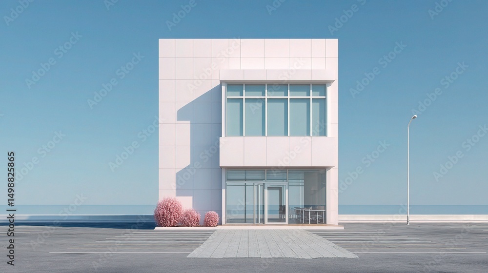 Poster modern minimalist cube office building in suburban setting