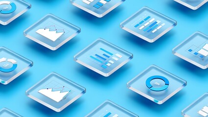 Isometric view of business charts and graphs floating over a bright blue background