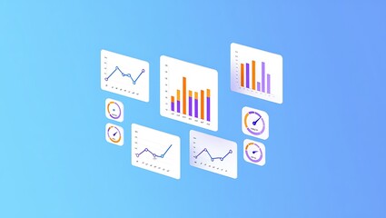 Isometric view of various data charts and gauges over a vibrant blue background