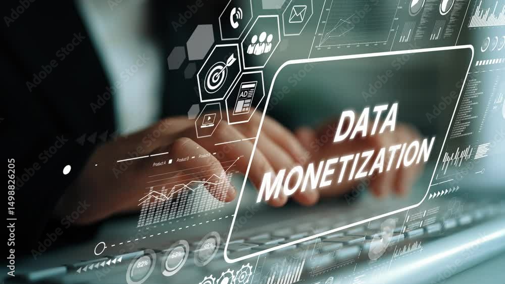 Poster Businessman Working on Data Monetization Strategies with Digital Interface and Analytics Display. Asymptotic smart data analytic.