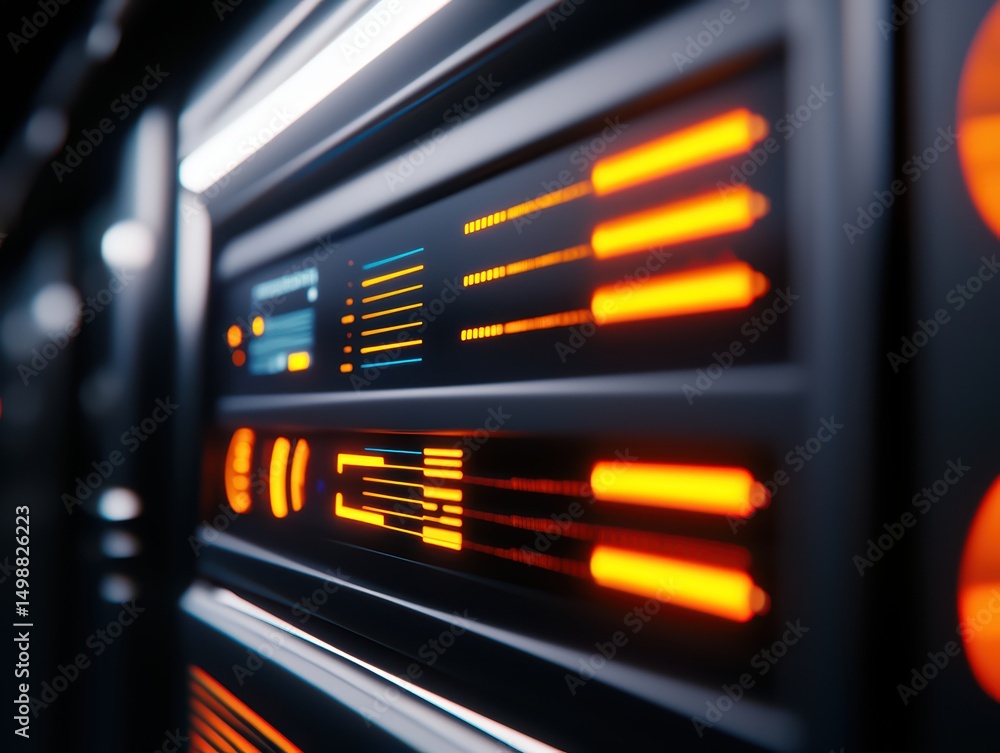 Poster high-tech server interface with neon lights and digital displays illuminating a dark background