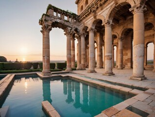 Ancient Roman Bath Ruins with Stone Arches and Pool, hot springs roman baths