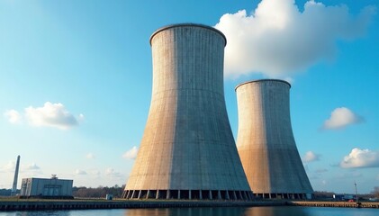 Large industrial cooling tower against a blue sky Efficient heat dissipation, industrial infrastructure, energy production , heat dissipation, structure