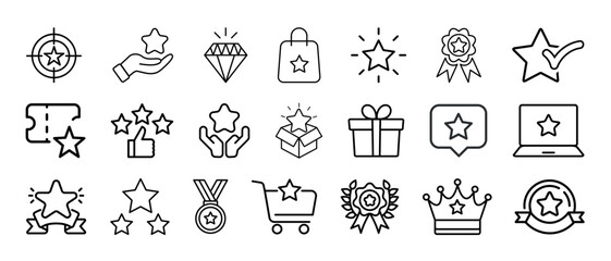 Bonus, benefit, offer, prize, gift, and reward outline icons set isolated on white background flat vector illustration.