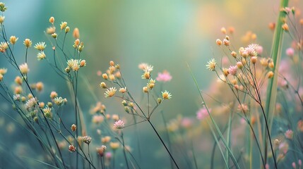 Vintage Bokeh Effect of Soft Green Grass and Wildflowers in Nature