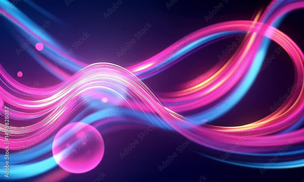Poster abstract background with pink and blue glowing lines and bokeh lights. abstract wave moving on a dar