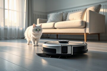 Cat Observing Robotic Vacuum Cleaner in Modern Living Room Setting