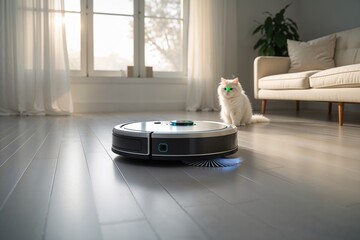 Robot Vacuum Cleaner Navigating in Modern Living Room with Cat