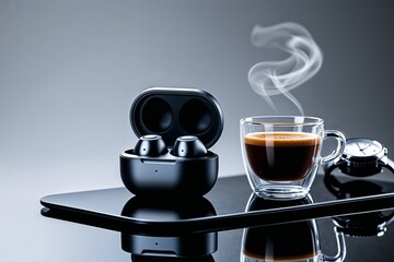 Modern Wireless Earbuds with Coffee and Wristwatch on a Table