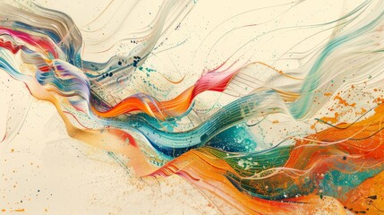 A vibrant collision of overlapping, multicolored business lines forming an abstract wave over a light, ethereal background, embodying energy and fluidity, 