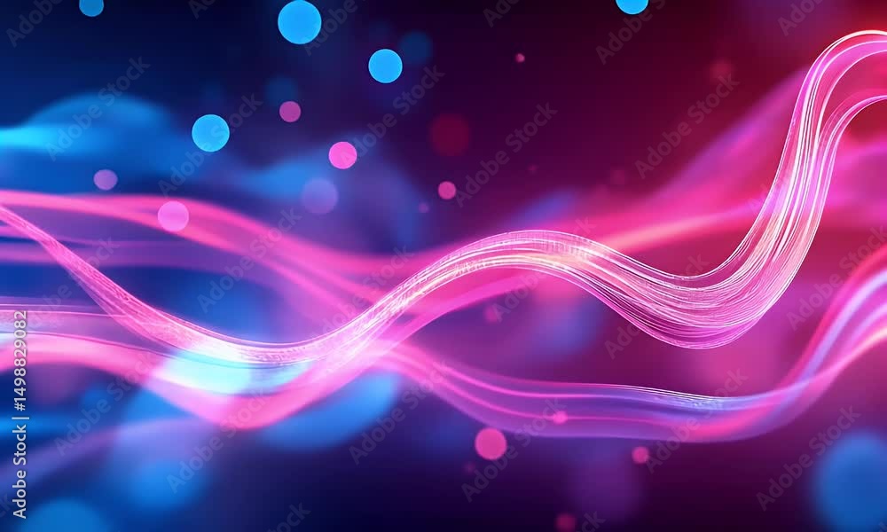 Poster abstract background with pink and blue glowing lines and bokeh lights. abstract wave moving on a dar