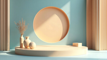 Product display podium scene decorated with olive leaves 3d display product beige minimal scene with geometric podium platform. stand for cosmetic products.