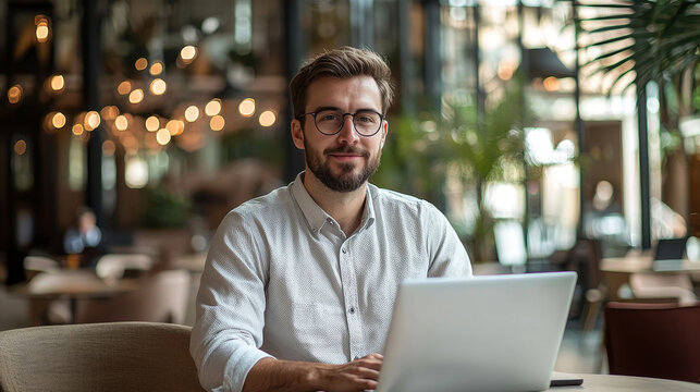 Professional man in a shirt using laptop in modern open-plan office