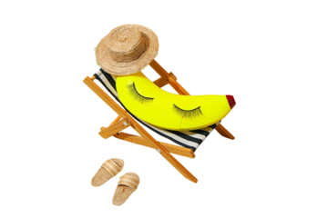 Yellow banana chair with lashes and straw hat for summer, isolated on white, PNG