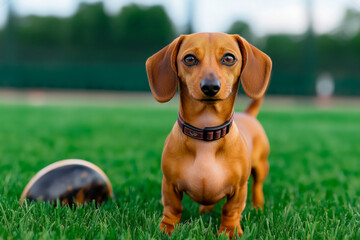 Adorable dachshund dog standing on green grass with a baseball glove in the sunny background park