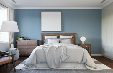 calm tone teenager bedroom with wooden queen size bed and a mockup poster frame on the wall. 3d illustration