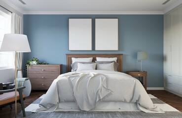 calm tone teenager bedroom with wooden queen size bed and a mockup poster frame on the wall. 3d illustration