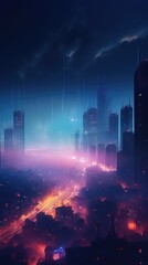 A cityscape with a glowing neon sign in the foreground